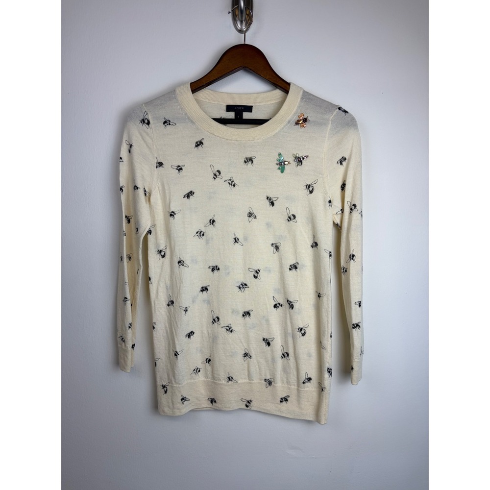 J. Crew Tippi Sweater S Ivory Embellished Jeweled Bee Merino Wool Rhinestone